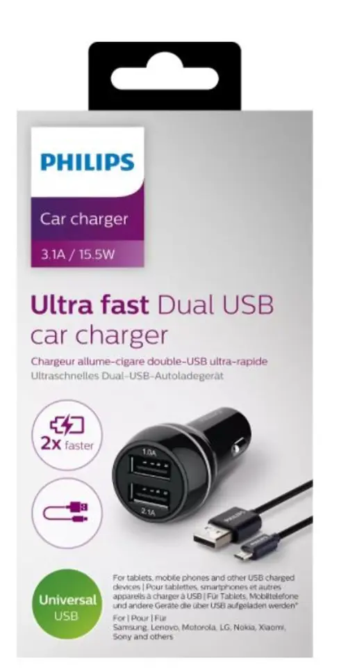 Dual Car Charger 5V/3.1A 15.5W - Universal with Micro USB Cable at Wasserman.eu