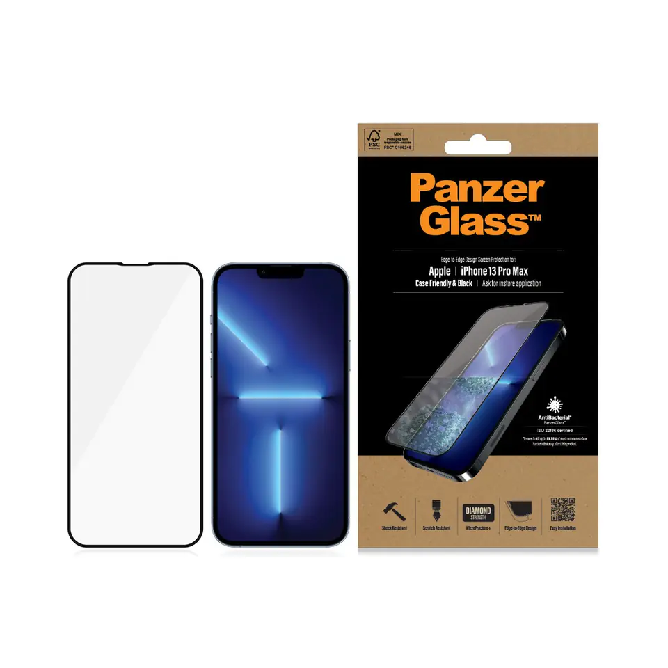 ⁨Tempered Glass E2E Microfracture iPhone 13 Pro Max 6.7 Case Friendly Anti Bacterial Black⁩ at Wasserman.eu