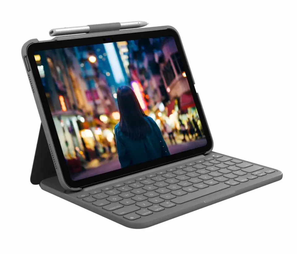 ⁨Etui z klawiaturą LOGITECH Etui z klawiaturą Slim Folio do iPada 10-tej generacji UK szare 920-011429⁩ w sklepie Wasserman.eu