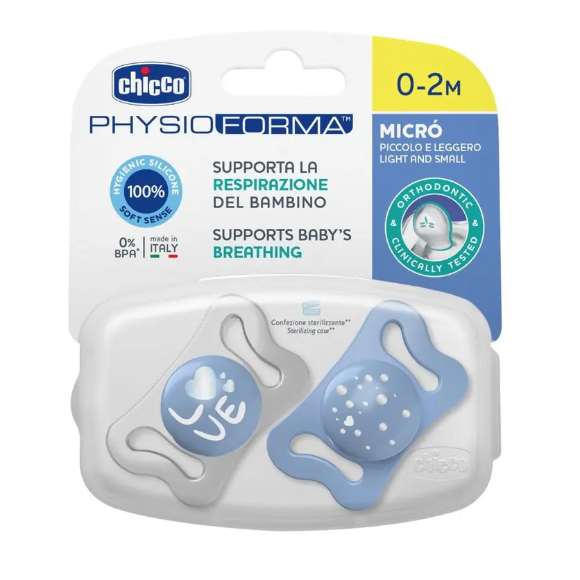 ⁨Chicco PhysioForma silikonowy smoczek do uspokajania Micro 0-2m+ Niebieski 2szt.⁩ w sklepie Wasserman.eu