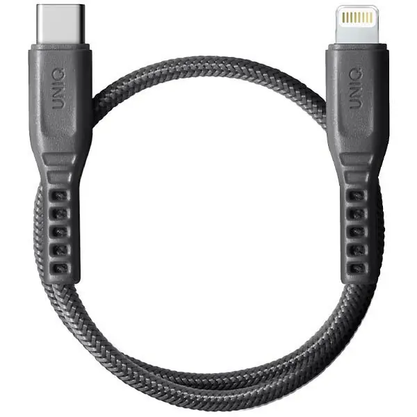 ⁨UNIQ Kabel Flex USB-C-Lightning 18W nylonowy 30cm szary/charcoal grey⁩ w sklepie Wasserman.eu