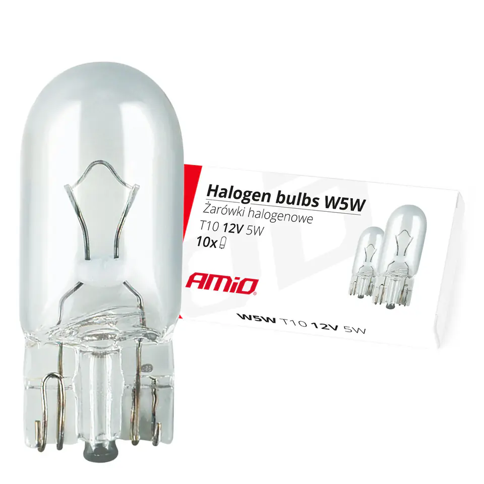 ⁨Żarówki halogenowe w5w t10 5w w2.1x9.5d 12v 10szt. (e8) amio-01483⁩ w sklepie Wasserman.eu
