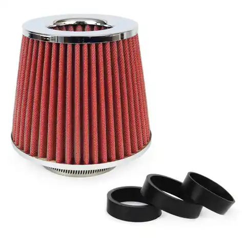 ⁨Filtr powietrza stożkowy uniwersalny czerwony/chrom + 3 adaptery amio-01282⁩ w sklepie Wasserman.eu