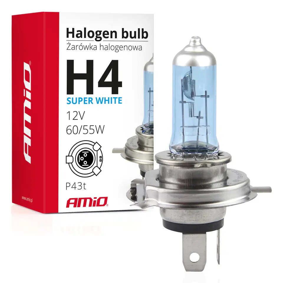 ⁨Żarówka halogenowa h4 12v 60/55w filtr uv (e4) super white amio-01269⁩ w sklepie Wasserman.eu