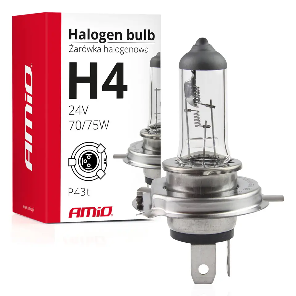 ⁨Żarówka halogenowa h4 24v 70/75w filtr uv (e4) amio-01267⁩ w sklepie Wasserman.eu