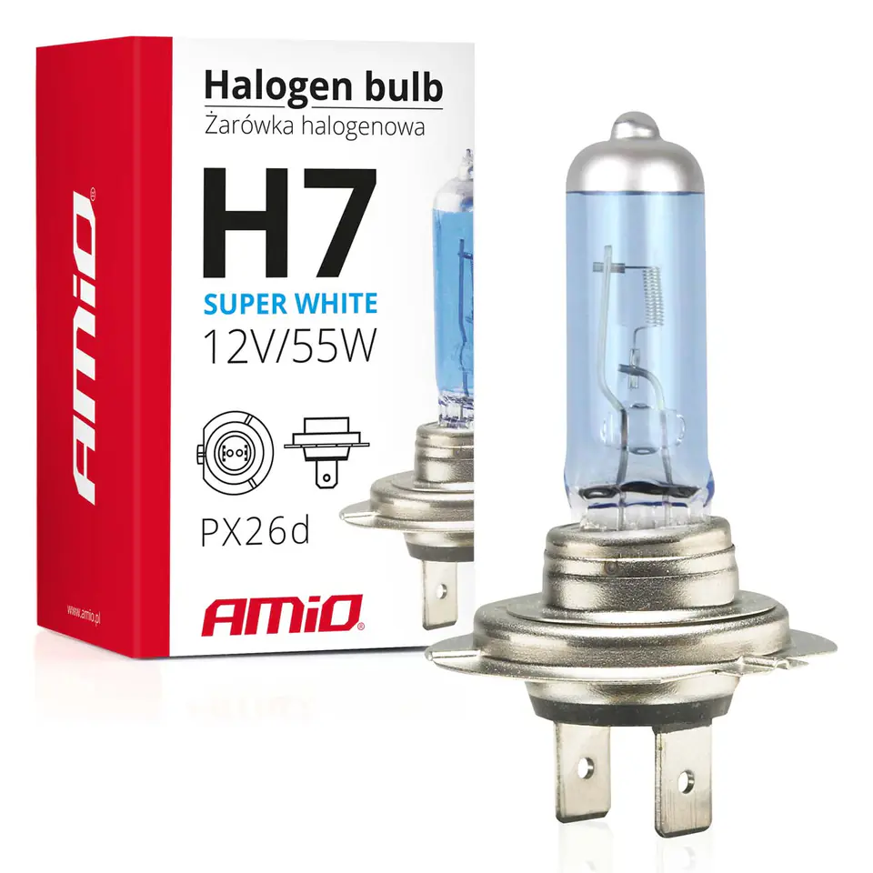 ⁨Żarówka halogenowa h7 12v 55w filtr uv (e4) super white amio-01157⁩ w sklepie Wasserman.eu