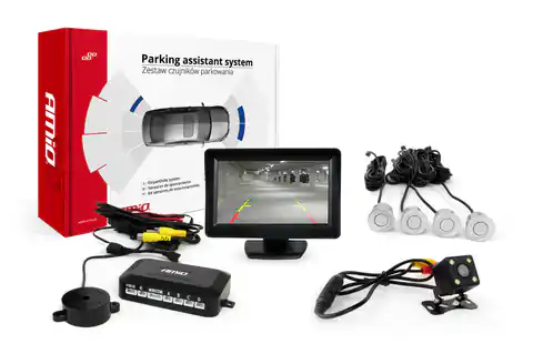 ⁨Zestaw czujników parkowania tft01 4,3" z kamerą hd-315-led 4 sensory srebrne⁩ w sklepie Wasserman.eu
