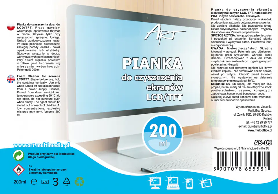 ⁨PIANKA CZYSZCZĄCA DO EKRANÓW LCD/TFT 200ml AS-09 ART⁩ w sklepie Wasserman.eu