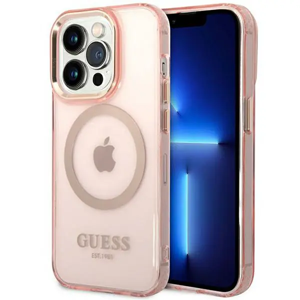 ⁨Guess GUHMP14XHTCMP iPhone 14 Pro Max 6,7" różowy/pink hard case Gold Outline Translucent MagSafe⁩ w sklepie Wasserman.eu