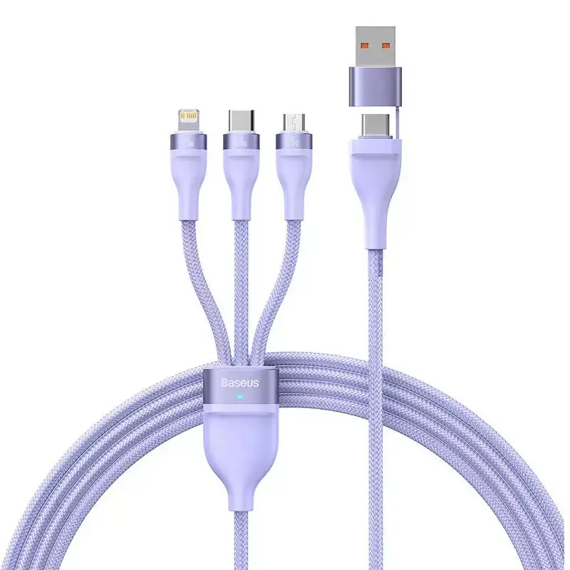 ⁨Kabel USB 3w1 Baseus Flash Series 2, USB-C + micro USB + Lightning, 100W, 1.2m (fioletowy)⁩ w sklepie Wasserman.eu