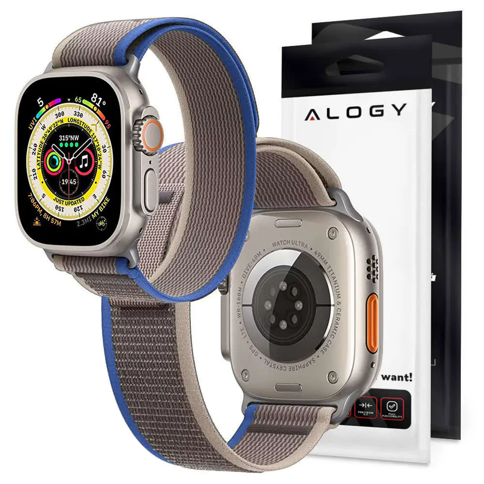 ⁨Pasek Alogy Sport na rzep do Apple Watch 4/5/6/7/8/SE/Ultra (42/44/45/49mm) Niebiesko-szary⁩ w sklepie Wasserman.eu