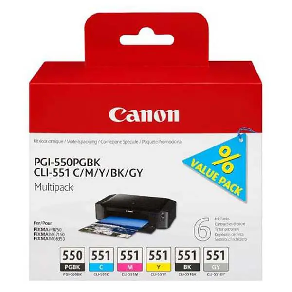 ⁨Canon oryginalny ink / tusz PGI-550/CLI-551PGBK/C/M/Y/BK/GY Multipack, black/color, 6496B005, Canon PIXMA iP8750, MG7150, MG6350⁩ w sklepie Wasserman.eu