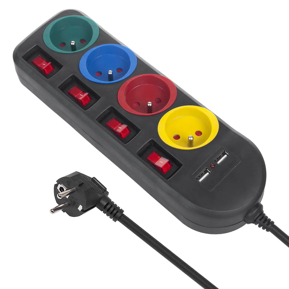 ⁨Listwa zasilająca, przedłużacz 4 gniazda + 2xUSB z włącznikami 1.5m⁩ w sklepie Wasserman.eu
