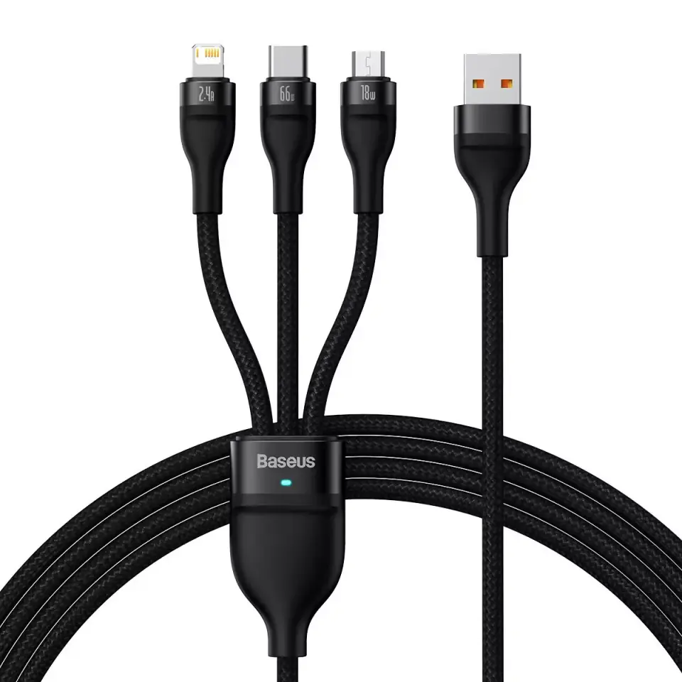 ⁨Baseus Flash II 3in1 USB Cable, USB-C + Micro USB + Lightning, 66W, 1.2m (Black)⁩ at Wasserman.eu