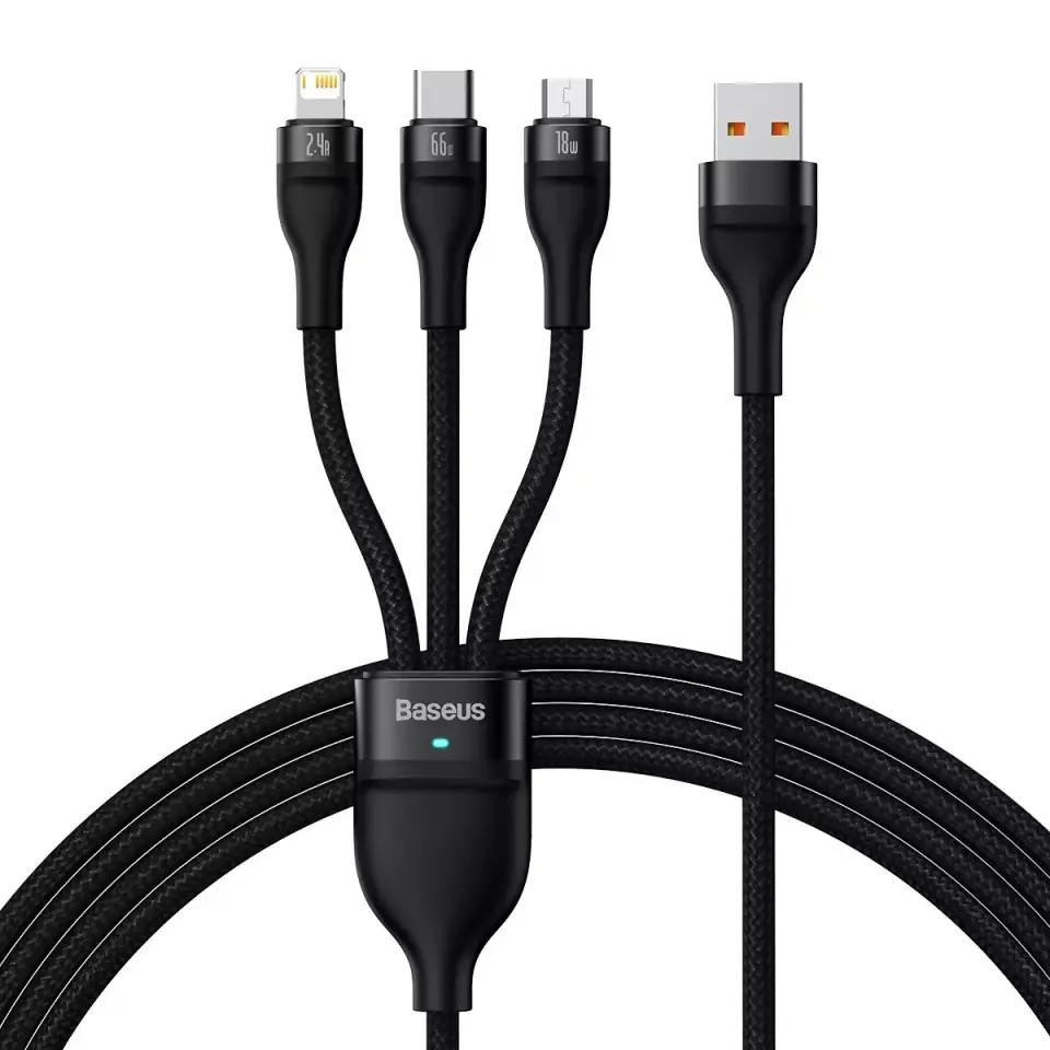 ⁨Baseus Flash Series Ⅱ kabel 3w1 do szybkiego ładowania USB-A do USB-C / Micro-USB / Lightning 66W 480Mb/s 1.2m czarny⁩ w sklepie Wasserman.eu