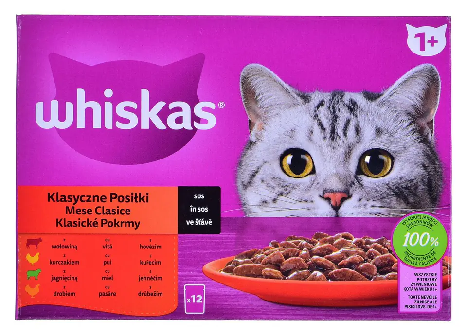 ⁨WHISKAS Klasyczne Posiłki w sosie - mokra karma dla kota - saszetka - 12x85 g⁩ w sklepie Wasserman.eu