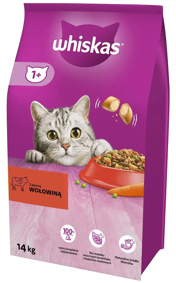 ⁨WHISKAS z Pyszną Wołowiną - sucha karma dla kota powyżej 1 roku życia - 14 kg⁩ w sklepie Wasserman.eu