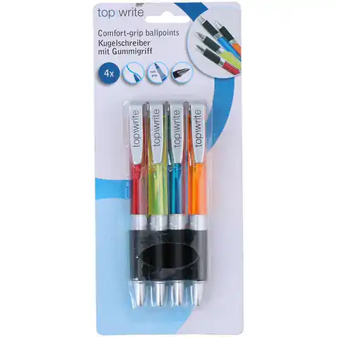 ⁨Topwrite - Zestaw długopisów kulkowych z gumowym uchwytem niebieski 4 szt.⁩ w sklepie Wasserman.eu