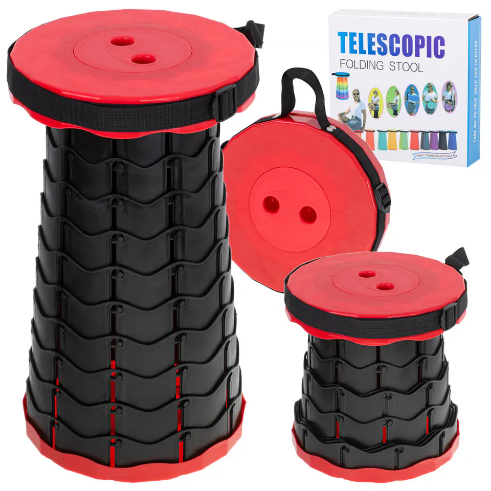 ⁨Krzesło składane taboret teleskopowy turystyczny przenośny czerwony 200kg⁩ w sklepie Wasserman.eu