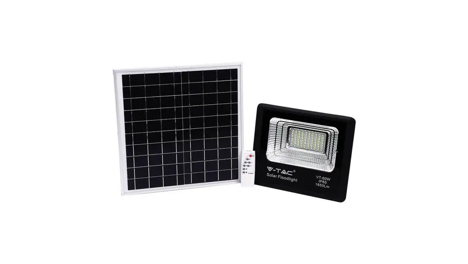V-TAC 20W Black IP65 Solar LED Projector, Remote Control, Timer VT-60W 4000K 1650lm at Wasserman.eu