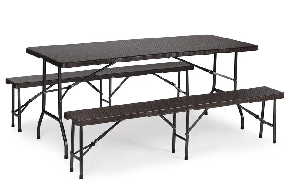 ⁨Zestaw cateringowy stół bankietowy 180 cm 2 ławki ratan brąz ModernHome⁩ w sklepie Wasserman.eu