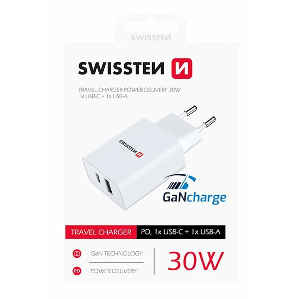 ⁨SWISSTEN Zasilacz / sieciowy adapter 30W, 2-portowy, USB-C, USB-A, Szybkie ładowanie GaN⁩ w sklepie Wasserman.eu