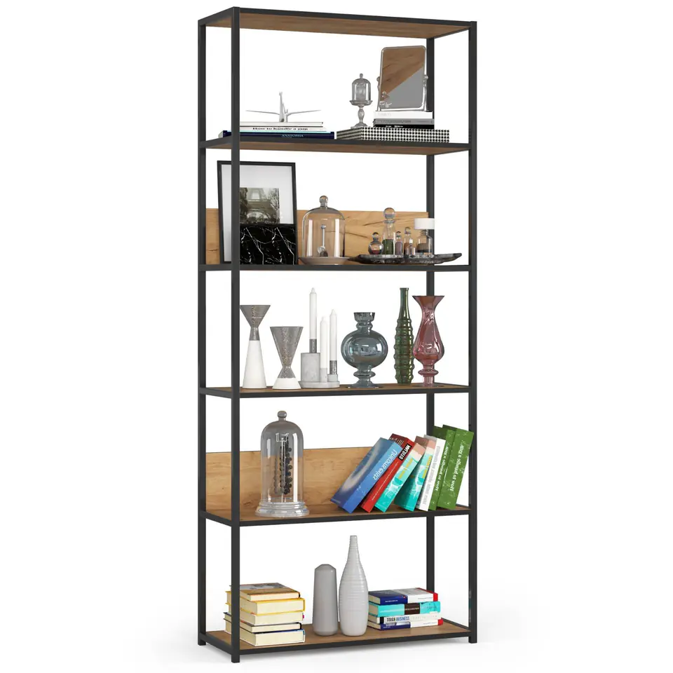 Regał loftowy metalowy 80 cm - czarny-dąb craft - 6 półek w sklepie Wasserman.eu