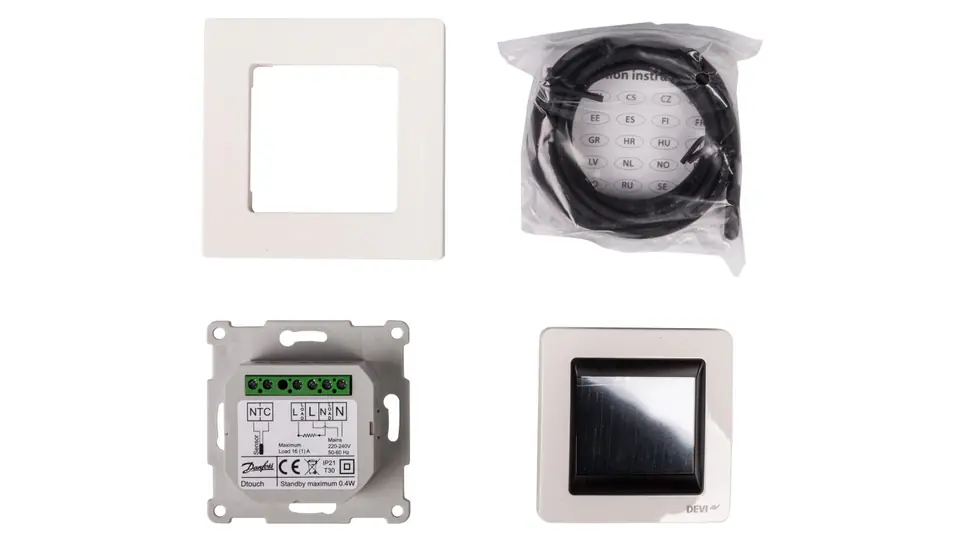⁨Thermostat DEVIreg Touch 230V 16A 5-45C IP21 white 140F1064⁩ at Wasserman.eu