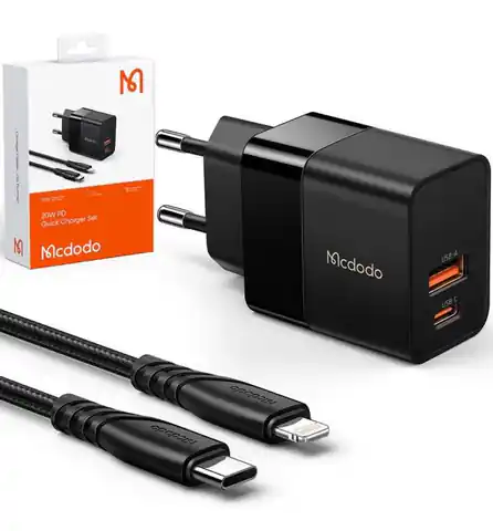 ⁨Ładowarka sieciowa Mcdodo CH-1952 USB + USB-C, 20W + kabel USB-C do Lightning (czarna)⁩ w sklepie Wasserman.eu