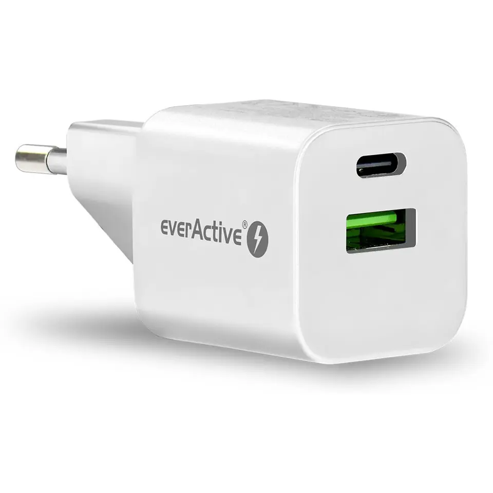 ⁨Ładowarka sieciowa 230V EVERACTIVE SC-390Q 1xUSB-C + 1xUSB 3A biała⁩ w sklepie Wasserman.eu