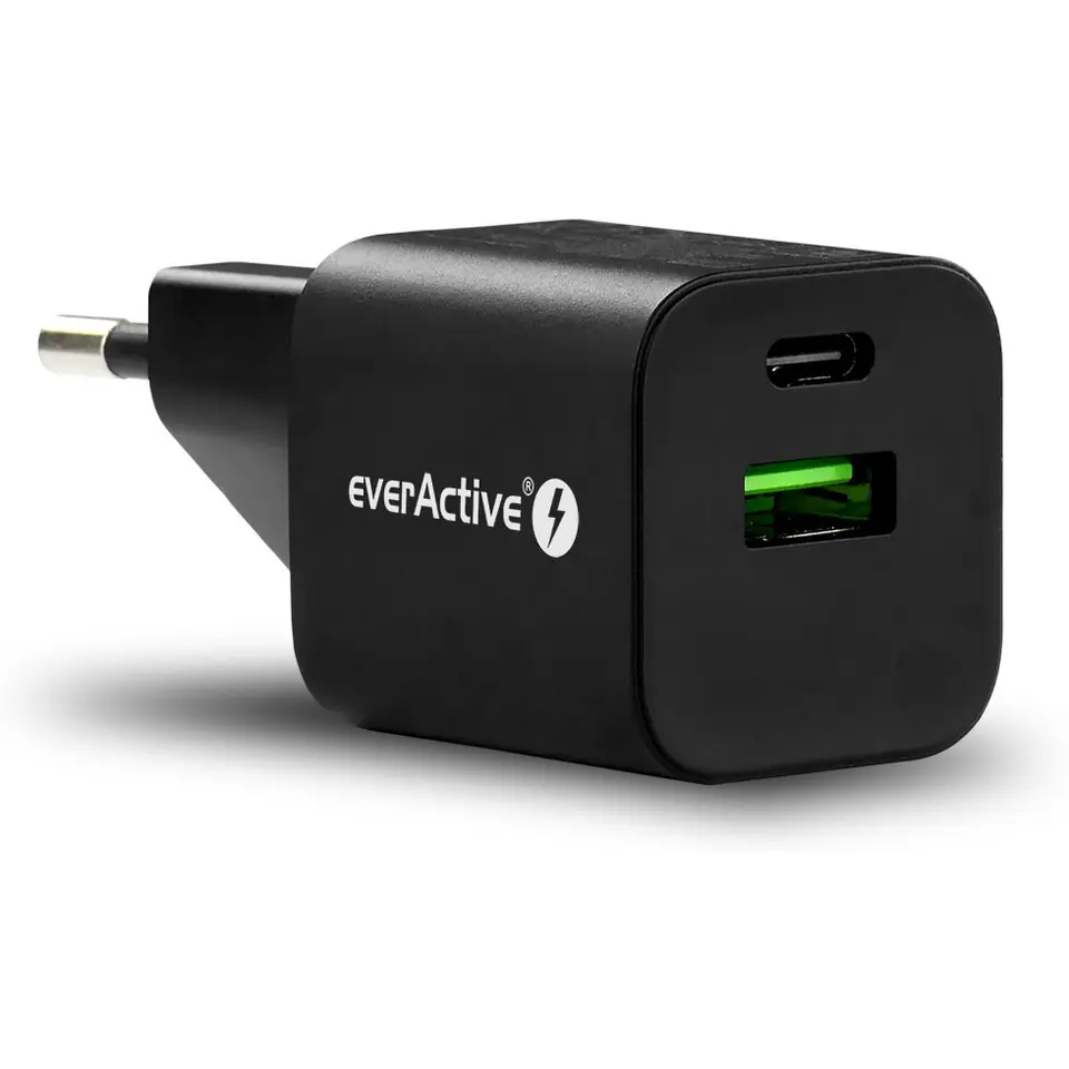 ⁨Ładowarka sieciowa 230V EVERACTIVE SC-390QB 1xUSB-C + 1xUSB 3A czarna⁩ w sklepie Wasserman.eu