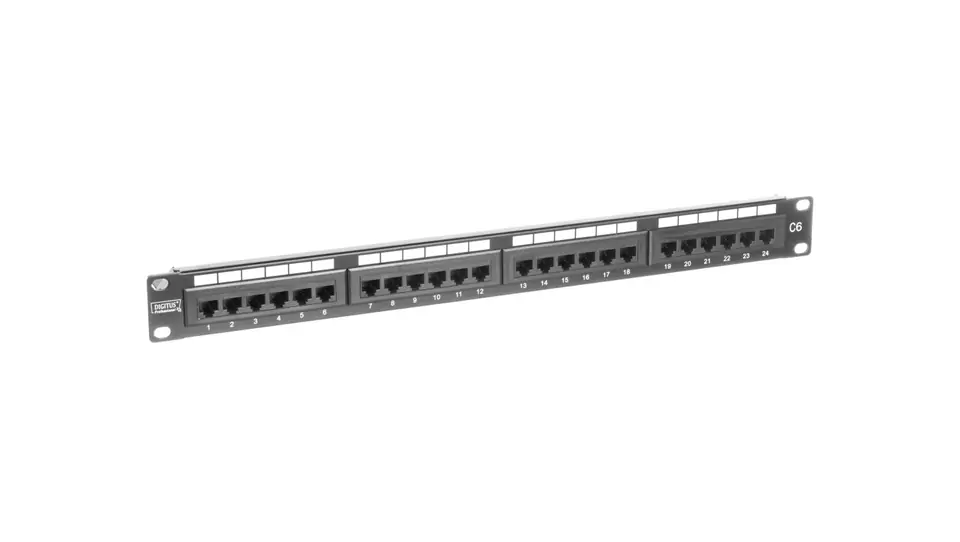 ⁨Patch panel kompletny 19 cali 24x RJ45 U/UTP kat. 6 1U czarny (RAL 9005) DN-91624U⁩ w sklepie Wasserman.eu