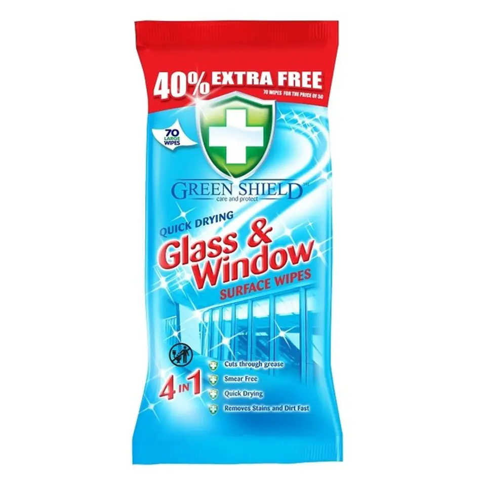 ⁨GREEN chusteczki do szyb 70szt SHIELD GLASS&WINDOW WIPES⁩ w sklepie Wasserman.eu