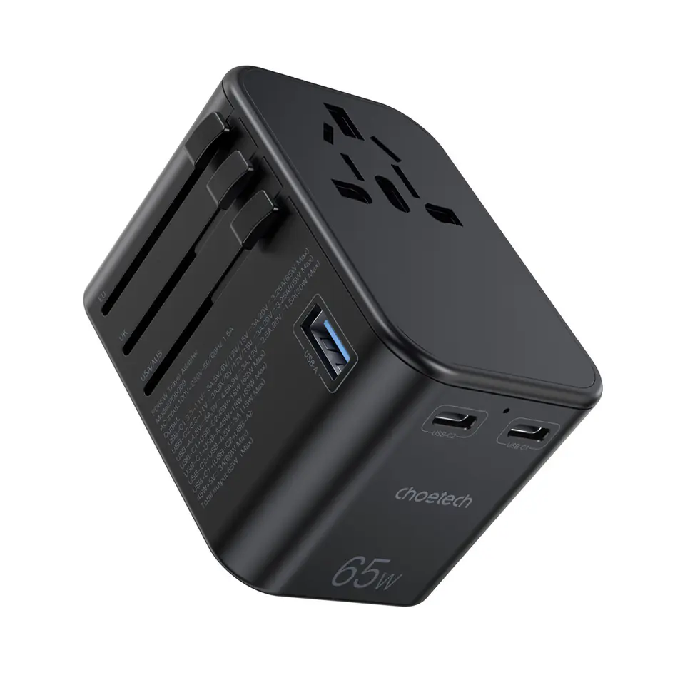 ⁨Szybka ładowarka podróżna wtyczka UE UK USA AUS 3xUSB 30-65W czarny⁩ w sklepie Wasserman.eu