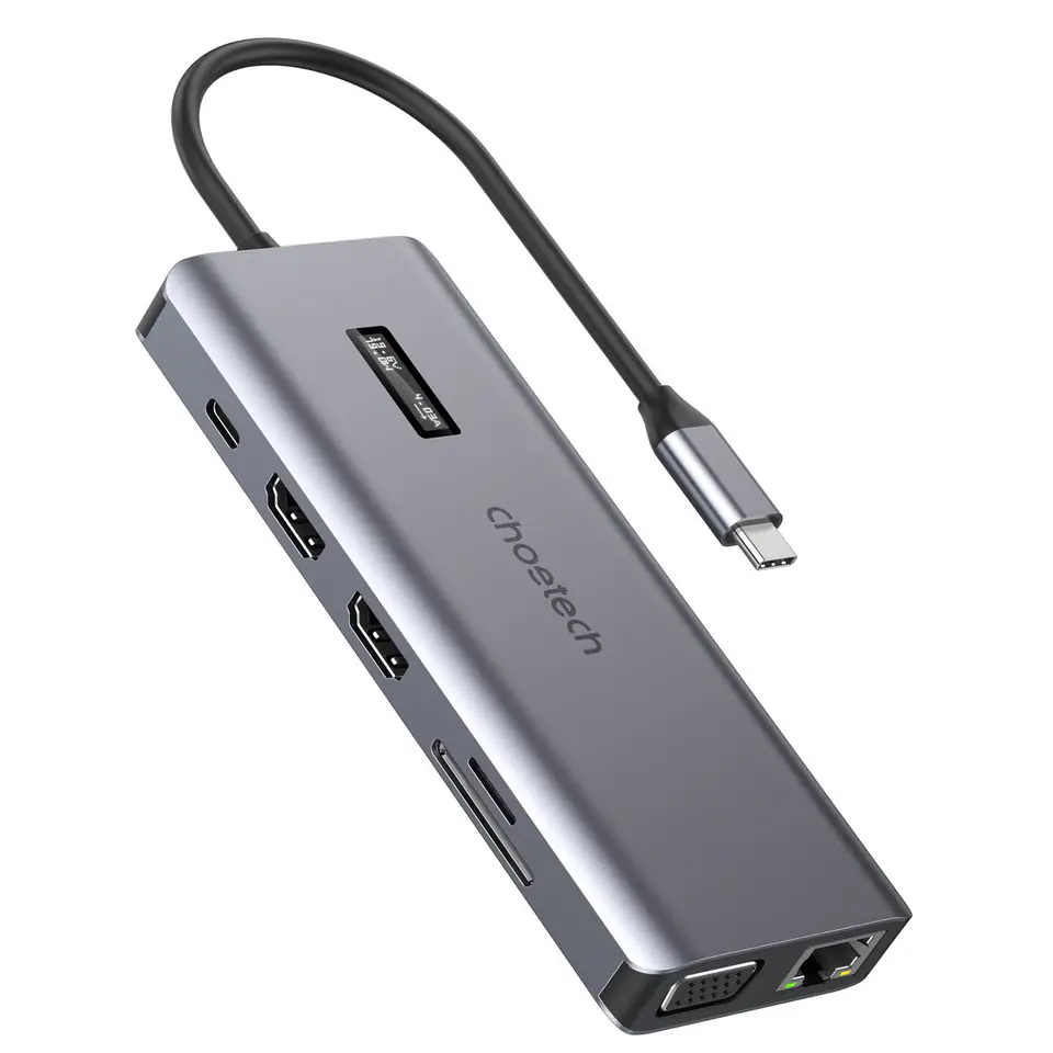 ⁨Adapter HUB wielofunkcyjny z wyświetlaczem USB-C USB-A VGA AUX SD TF 12w1 szary⁩ w sklepie Wasserman.eu