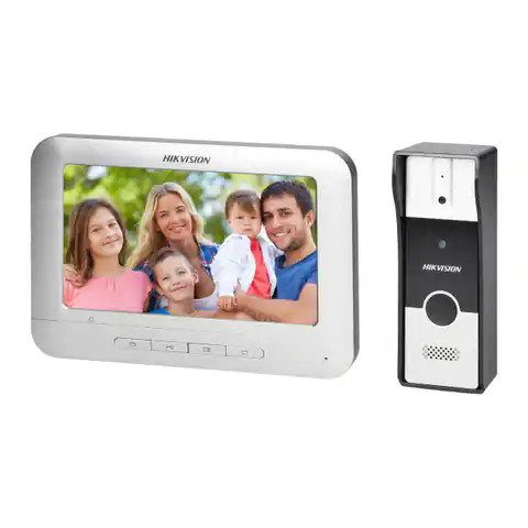 ⁨HIKVISION DS-KIS202T zestaw wideodomofonowy 4-żyłowy jednorodzinny z monitorem 7" i kamerą typu pin-hole, możliwość obsługi 2 wejść, montaż natynkowy⁩ w sklepie Wasserman.eu