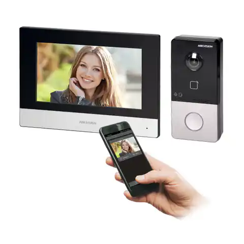⁨HIKVISION DS-KIS603 zestaw wideodomofonowy jednorodzinny PoE z monitorem dotykowym 7", z czytnikiem zbliżeniowym, kamerą Full HD i sterowaniem z aplikacji, IP65⁩ w sklepie Wasserman.eu
