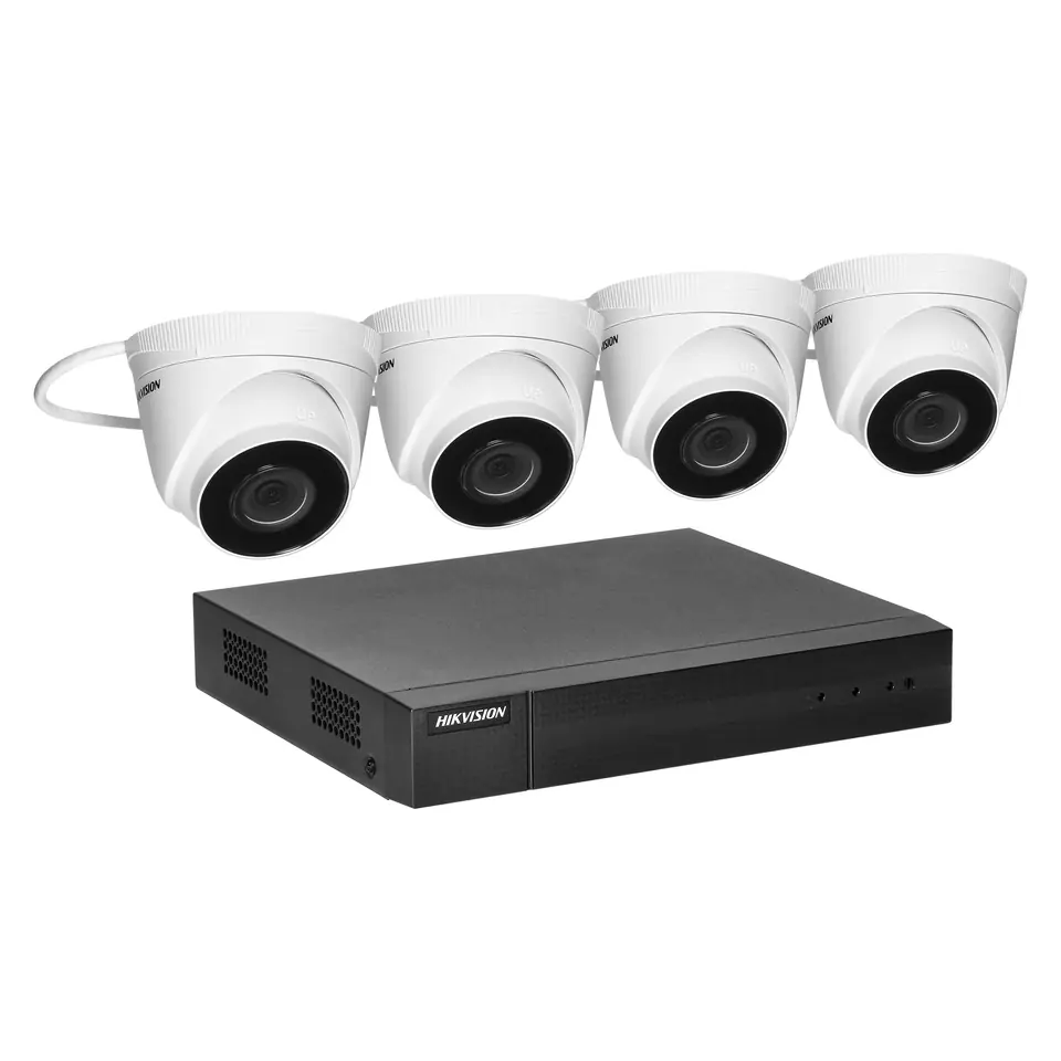 ⁨HIKVISION IPKIT-T4-4CH zestaw monitoringu z 4 kopułkowymi kamerami IP HIKVISION IP-CAM-T240H  oraz 4-kanałowym rejestratorem HIKVISION NVR-4CH, rozdzielczość 4Mpx, zasilanie PoE, doświetlenie IR, cyfrowa redukcja szumów, IP67.⁩ w sklepie Wasserman.eu