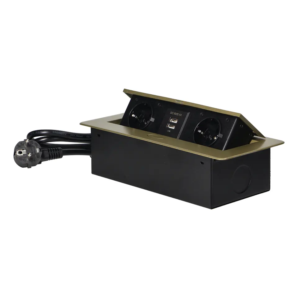 ⁨Gniazda meblowe wpuszczane w blat z płaskim frezowanym rantem, ładowarką USB i przewodem 1,5m, 2x2P+Z (Schuko), 2xUSB, kolor mosiądzu⁩ w sklepie Wasserman.eu