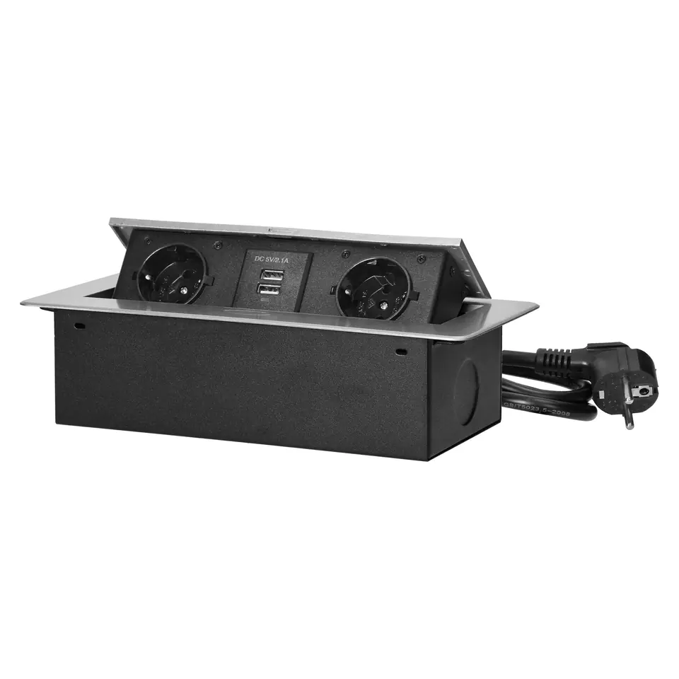 ⁨Gniazda meblowe wpuszczane w blat z płaskim frezowanym rantem, ładowarką USB i przewodem 1,5m, 2x2P+Z (Schuko), 2xUSB, srebrne⁩ w sklepie Wasserman.eu