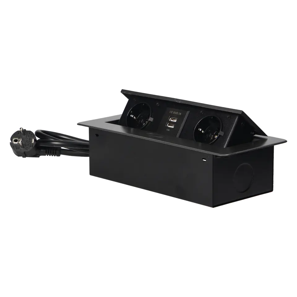 ⁨Gniazda meblowe wpuszczane w blat z płaskim frezowanym rantem, ładowarką USB i przewodem 1,5m, 2x2P+Z (Schuko), 2xUSB, grafitowe⁩ w sklepie Wasserman.eu