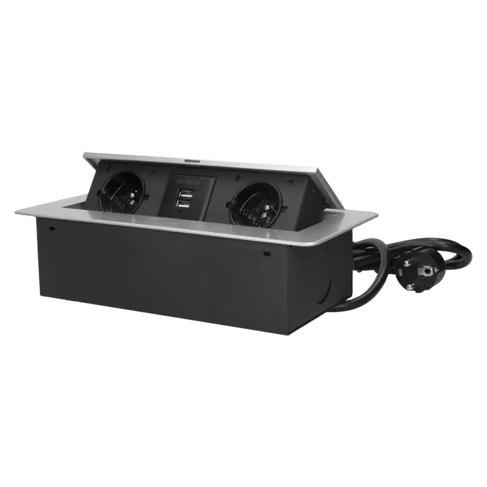 ⁨Gniazdo meblowe wpuszczane w blat z płaskim frezowanym rantem, ładowarką USB i przewodem 3m, 2x2P+Z, 2xUSB, srebrne⁩ w sklepie Wasserman.eu