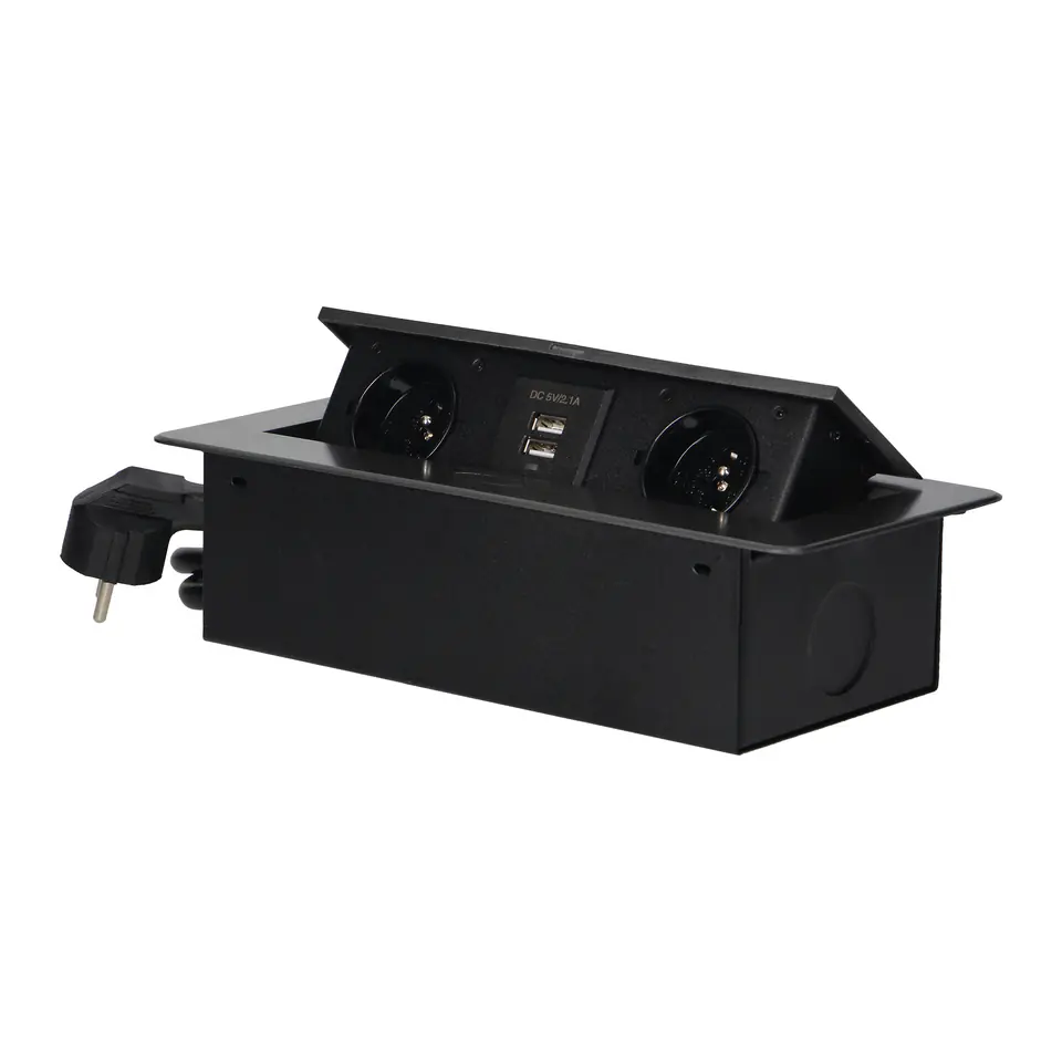 ⁨Gniazda meblowe wpuszczane w blat z płaskim frezowanym rantem, ładowarką USB i przewodem 1,5m, 2x2P+Z, 2xUSB, grafitowe⁩ w sklepie Wasserman.eu