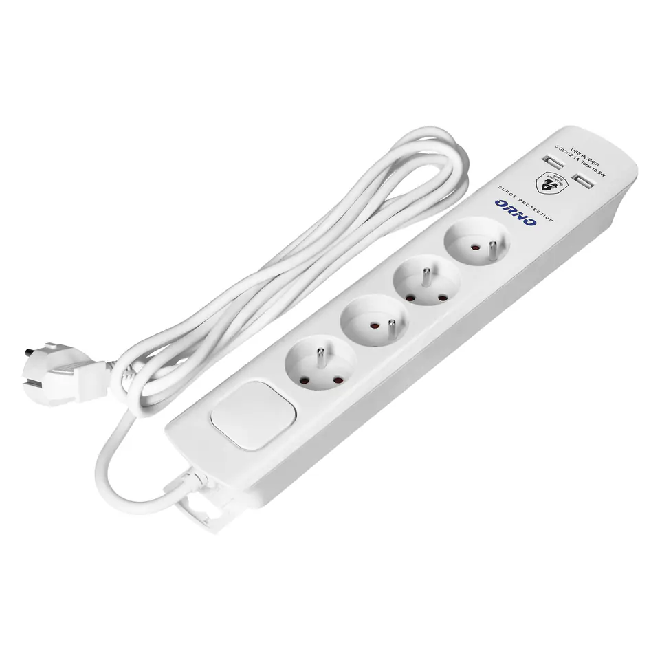 ⁨Listwa przeciwprzepięciowa, 4 gniazda 2P+Z, kabel 3x1,0mm2, 3m, z wyłącznikiem podświetlanym dwutorowym. 10A/230 VAC, Ochronnik przeciwprzepięciowy Typ 3, Ładowarka 2xUSB 2,1A, biała⁩ w sklepie Wasserman.eu