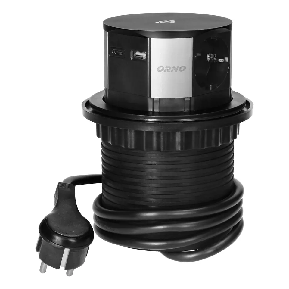 ⁨Gniazdo meblowe ?10cm wysuwane z blatu z ładowarką indukcyjną, ładowarką USB i przewodem 1,5m, 3x2P+Z (Schuko), Qi 1.2.4 max. 10W, USB A+C QC 3.0⁩ w sklepie Wasserman.eu