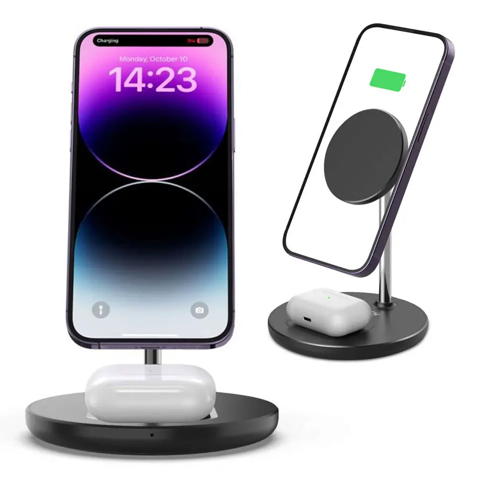 ⁨Ładowarka indukcyjna 2w1 QI 15W 2in1 Magnetic MagSafe Wireless Charger do Apple iPhone AirPods Black⁩ w sklepie Wasserman.eu