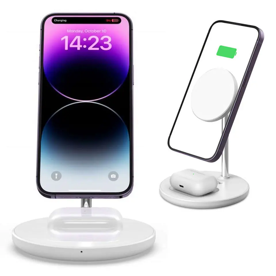 ⁨Ładowarka bezprzewodowa 2w1 QI 15W 2in1 Magnetic MagSafe Wireless Charger do Apple iPhone AirPods Biała⁩ w sklepie Wasserman.eu