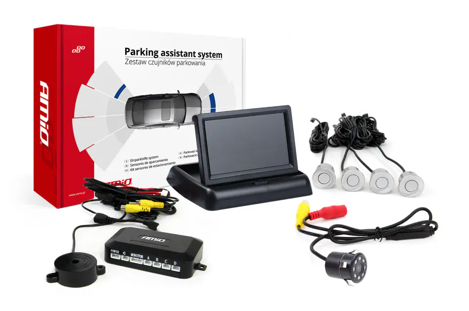 ⁨Zestaw czujników parkowania tft02 4,3" z kamerą hd-307-ir 4 sensory srebrne⁩ w sklepie Wasserman.eu