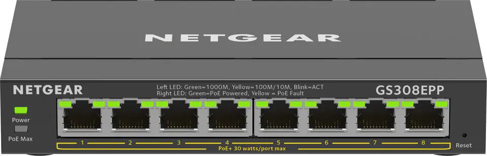 NETGEAR 8-Port Gigabit Ethernet High-Power PoE+ Plus Switch (GS308EPP) Zarządzany L2/L3 Gigabit Ethernet (10/100/1000) Obsługa PoE Czarny w sklepie Wasserman.eu