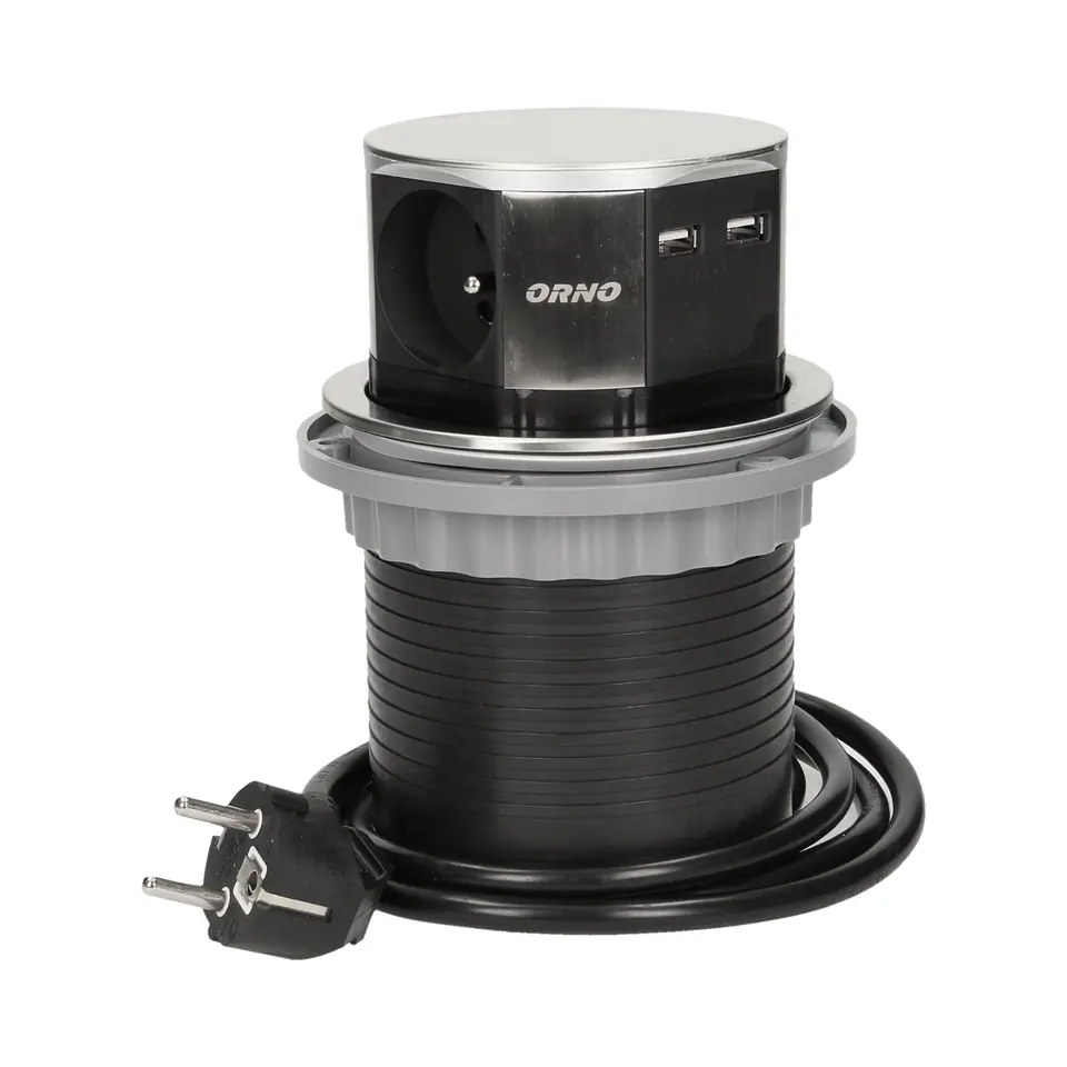 Gniazdo meblowe ?10cm wysuwane z blatu z ładowarką USB i przewodem 1,5m, 3x2P+Z, 2xUSB, INOX w sklepie Wasserman.eu